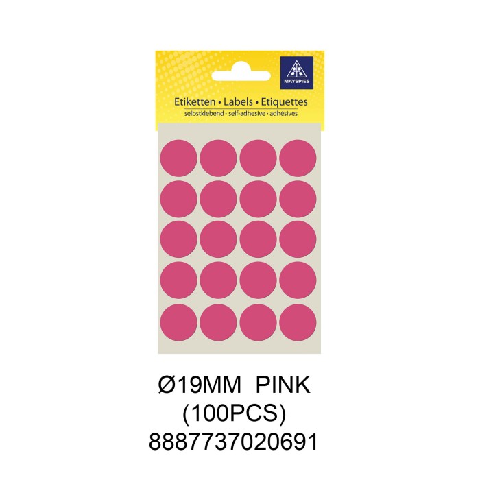 MAYSPIES MS019 COLOUR DOT LABEL / 5 SHEETS/PKT / 100PCS / ROUND 19MM PINK